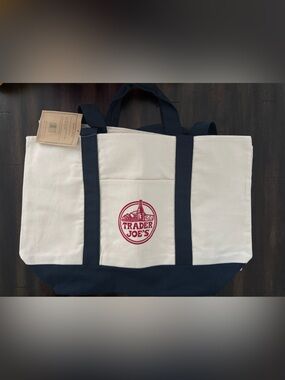 Trader Joe's Cream and Navy Canvas Duffel Tote